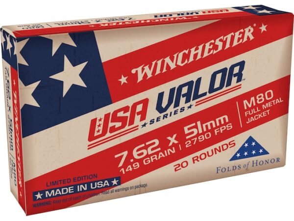 Winchester USA Valor Ammunition 7.62x51mm NATO 149 Grain M80 Full Metal Jacket For Sale