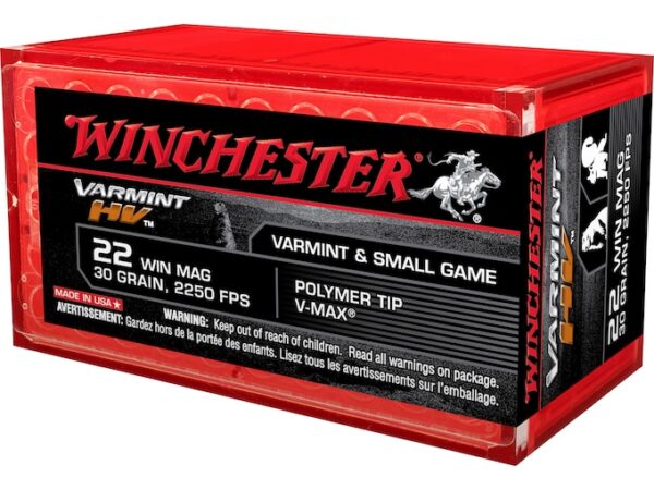 Winchester Varmint High Velocity Ammunition 22 Winchester Magnum Rimfire (WMR) 30 Grain Hornady V-MAX For Sale