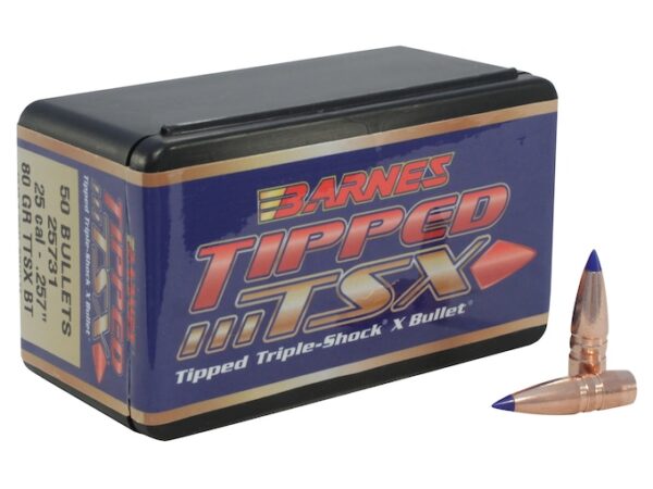 Barnes Tipped Triple-Shock X (TTSX) Bullets 25 Caliber (257 Diameter) 80 Grain Spitzer Boat Tail Lead-Free Box of 50 For Sale