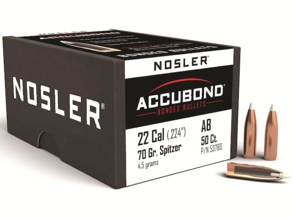 Nosler AccuBond Bullets 22 Caliber (224 Diameter) 70 Grain Bonded Spitzer Boat Tail Box of 50 For Sale