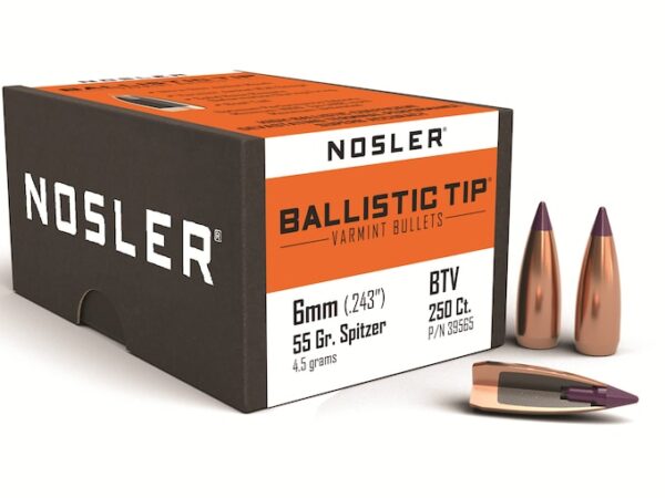Nosler Ballistic Tip Varmint Bullets 243 Caliber and 6mm (243 Diameter) 55 Grain Spitzer Boat Tail For Sale