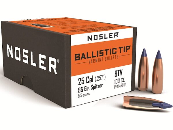 Nosler Ballistic Tip Varmint Bullets 25 Caliber (257 Diameter) 85 Grain Spitzer Boat Tail Box of 100 For Sale