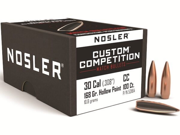 Nosler Custom Competition Bullets 30 Caliber (308 Diameter) 168 Grain Hollow Point Boat Tail For Sale