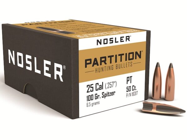 Nosler Partition Bullets 25 Caliber (257 Diameter) 100 Grain Spitzer Box of 50 For Sale