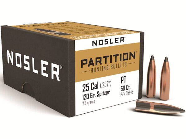 Nosler Partition Bullets 25 Caliber (257 Diameter) 120 Grain Spitzer Box of 50 For Sale