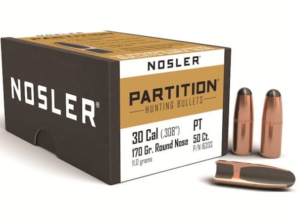 Nosler Partition Bullets 30-30 Winchester (308 Diameter) 170 Grain Round Nose Box of 50 For Sale