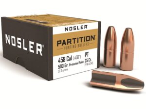 Nosler Partition Bullets 458 Caliber (458 Diameter) 500 Grain Protected Point Box of 25 For Sale
