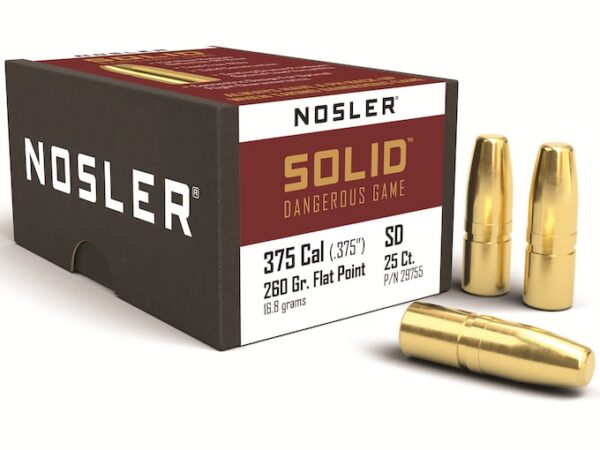 Nosler Solid Bullets 375 Caliber (375 Diameter) 260 Grain Flat Nose Lead-Free Box of 25 For Sale