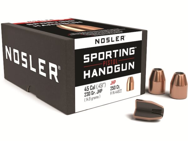 Nosler Sporting Handgun Bullets 45 Caliber (451 Diameter) 230 Grain Jacketed Hollow Point Box of 250 For Sale
