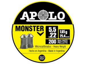 Apolo Monster Air Gun Pellets 22 Caliber 25.40 Grain 5.5mm Flat Point Tin of 200 For Sale