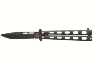 Bear & Son Black Butterfly Folding Knife 3.375″ Clip Point 1095 High Carbon Black Blade Zinc Handle Black For Sale