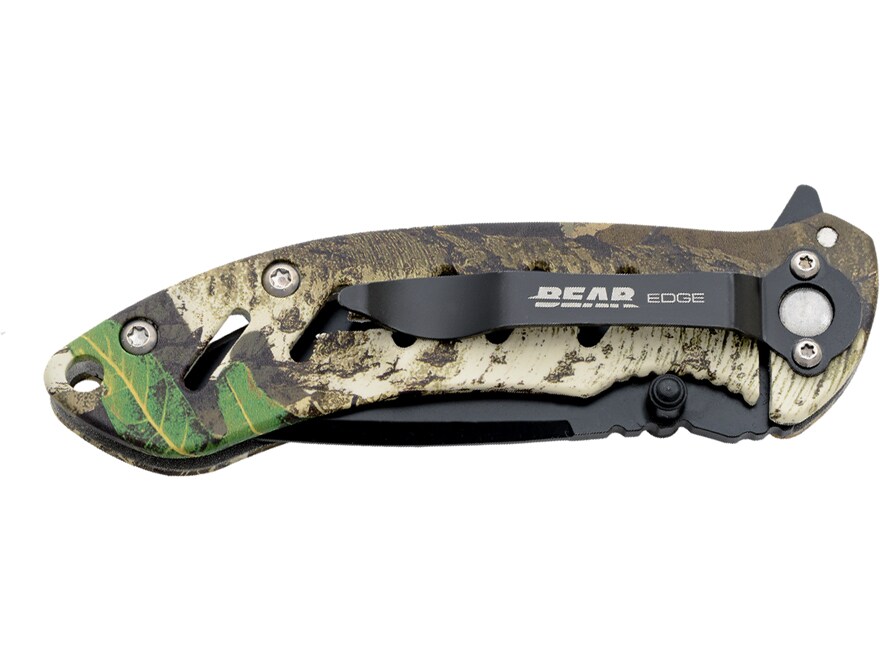 Bear & Son Brisk Folding Knife 3.25″ Drop Point 440HC Black Blade Stainless Steel Handle Realtree Hardwoods Green HD For Sale