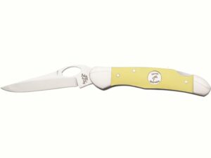 Bear & Son Cowhand Folding Knife 2.875″ Drop Point 1095 Carbon Satin Blade Delrin Handle Yellow For Sale