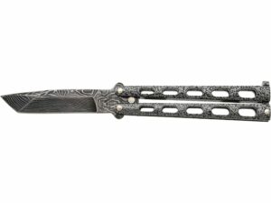 Bear & Son Silver Vein Butterfly Folding Knife 3.375″ Tanto Point Damascus Blade Zinc Handle Granite Gray For Sale