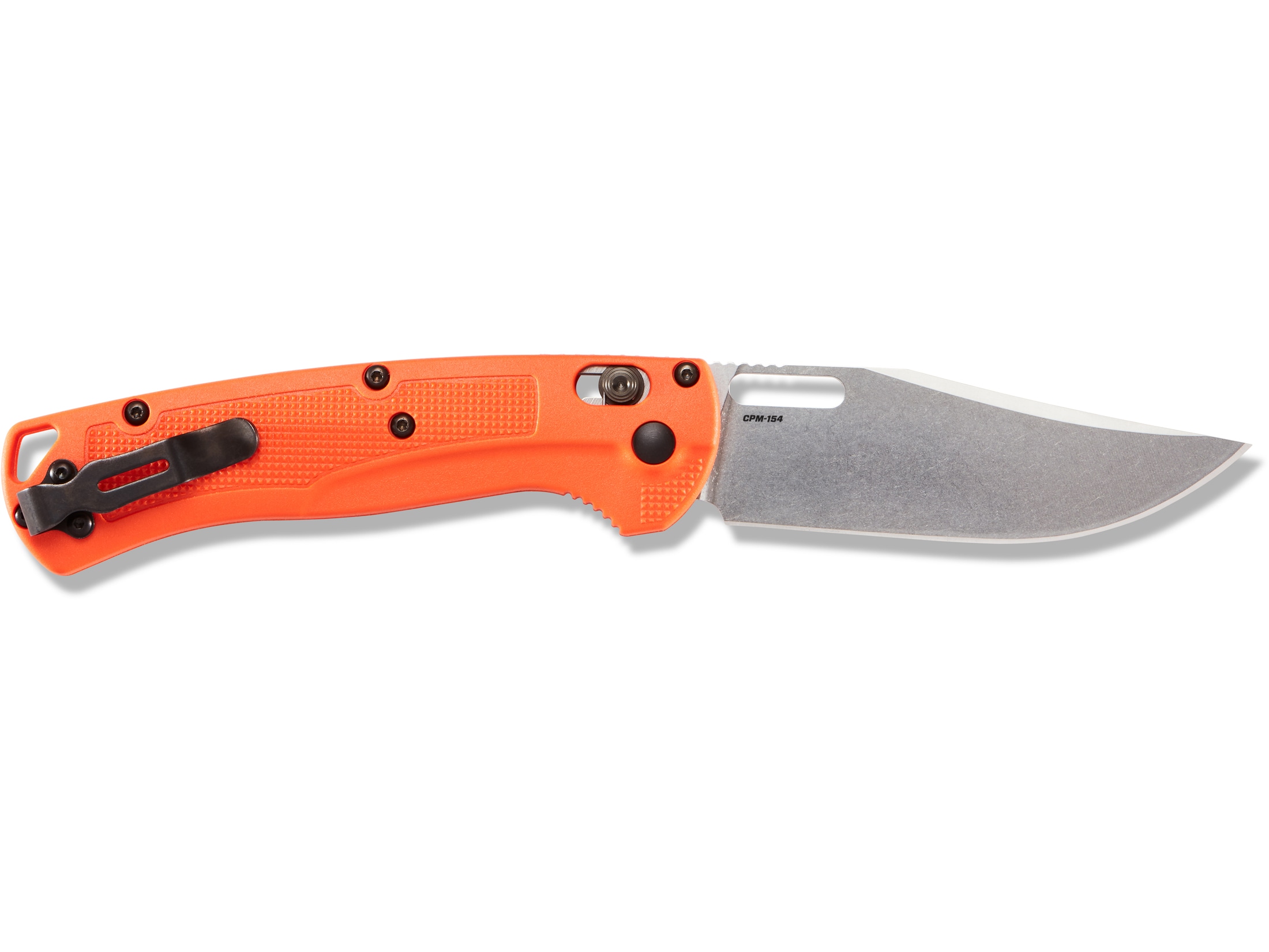 Benchmade Taggedout Folding Knife 3.5″ Clip Point CPM-154 Polished Blade Grivory Handle Orange For Sale