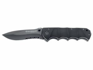 Boker Magnum Black Spear Folding Pocket Knife 3.875″ Serrated Spear Point 440 Stainless Steel Blade Aluminum Handle Black For Sale