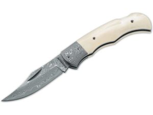 Boker Magnum Damascus Bone Folding Knife 3.07″ Drop Point Damascus Damascus Blade Bone Handle White For Sale