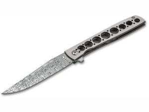 Boker Plus Urban Trapper Folding Knife 3.5″ Clip Point Damascus Blade Titanium Handle Gray For Sale