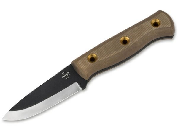 Boker Plus Vigtig Fixed Blade Knife 3.54″ Drop Point 1095 High Carbon Black Powder Coated Blade Micarta Handle Brown For Sale