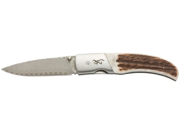 Browning Illusion Folding Knife 3″ Drop Point Damascus Blade Stag Handle Bone For Sale