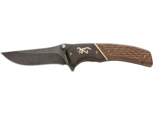 Browning Large Hunter Folding Knife 3.5″ Drop Point 440C Stainless Stonewashed Black Oxide Blade Wood Handle For Sale