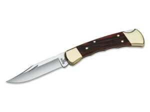 Buck 110FG Folding Hunting Knife 3.75″ 420HC Stainless Steel Clip Point Blade Wood Handle with Finger Grooves and Leather Sheath For Sale