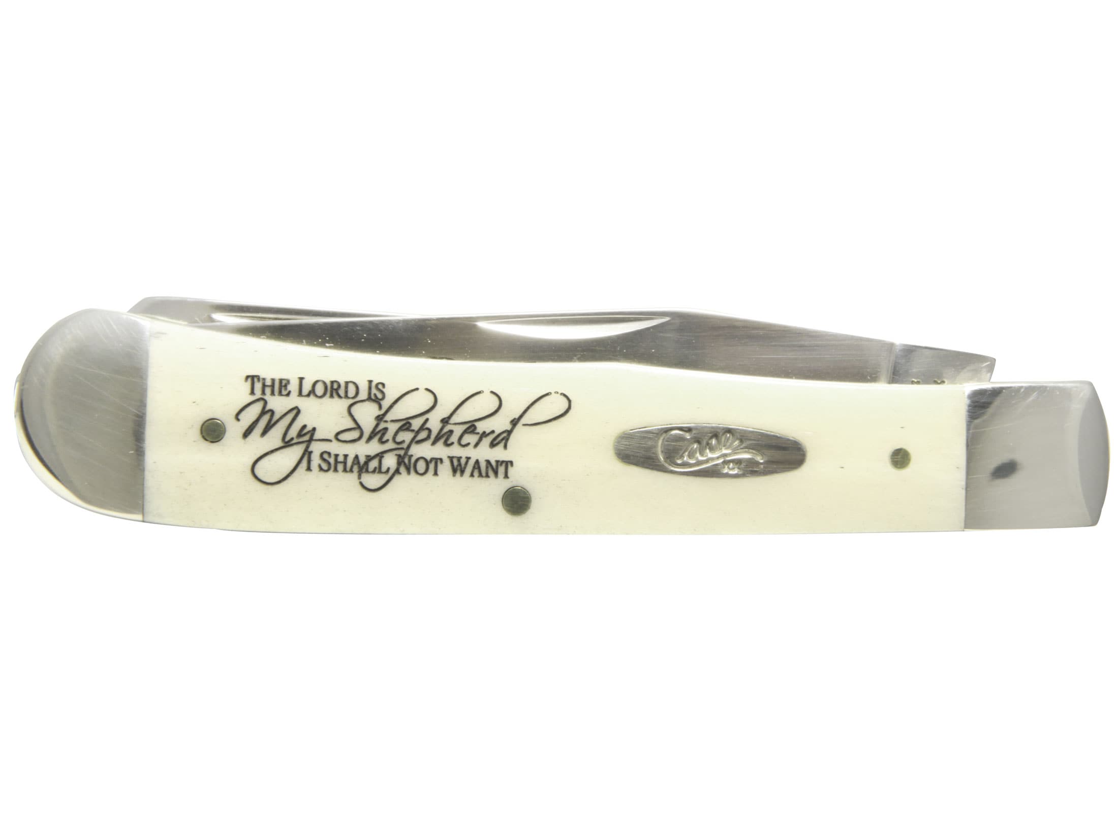 Case Religious Sayings Trapper 2 Stainless Steel Blades Smooth Natural Bone Handle For Sale