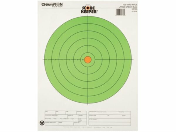 Champion Score Keeper 100 Yard Rifle 8″ Bullseye Targets 14″ x 18″ Paper Fluorescent Green Bull Pack of 12 For Sale