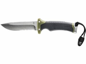 Gerber Ultimate Fixed Blade Knife 4.75″ Partially Serrated Drop Point 7Cr13 Stainless Satin Blade Rubber Handle Black/Green For Sale