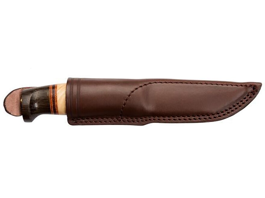 Helle Harding Fixed Blade Knife 3.94″ Straightback Laminated Steel Satin Blade Curly Birch, Leather & Dark Oak Handle Brown For Sale