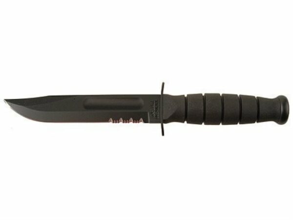 KA-BAR Short Black Fighting/Utility Knife 5-1/4″ Carbon Steel Blade Black Kraton Handle Black with Leather Sheath For Sale