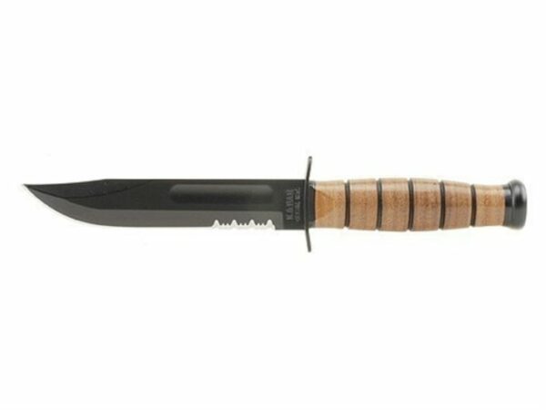 KA-BAR Short U.S.M.C. Fighting/Utility Knife 5-1/4″ Carbon Steel Clip Point Blade Black Stacked Leather Handle with Leather Sheath For Sale