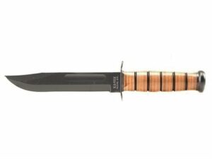 KA-BAR U.S. Army Fighting/Utility Knife 7″ Carbon Steel Clip Point Blade Black Stacked Leather Handle with Leather Sheath For Sale