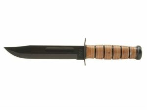 KA-BAR U.S. Navy Fighting/Utility Knife 7″ Carbon Steel Clip Point Blade Black Stacked Leather Handle with Leather Sheath For Sale