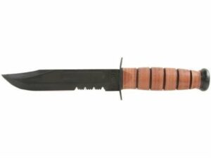 KA-BAR USMC Fighting/Utility Knife 7″ Serrated Carbon Steel Clip Point Blade Black Stacked Leather Handle with Leather Sheath For Sale