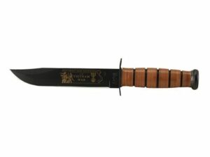 KA-BAR Vietnam Veterans Commemorative U.S. Army Fighting/Utility Knife 7″ Carbon Steel Clip Point Blade Black Stacked Leather Handle with Leather Sheath For Sale