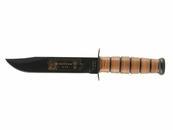 KA-BAR Vietnam Veterans Commemorative U.S.N. Fighting/Utility Knife 7″ Carbon Steel Clip Point Blade Black Stacked Leather Handle with Leather Sheath For Sale