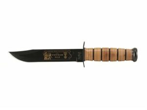 KA-BAR Vietnam Veterans Commemorative USMC Fighting/Utility Knife 7″ Carbon Steel Clip Point Blade Black Stacked Leather Handle with Leather Sheath For Sale