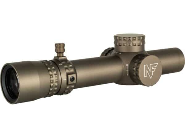 Nightforce NX8 F1 Rifle Scope 30mm Tube 1-8x 24mm ZeroStop 2/10 Mil-Radian Adjustment Daylight Illumination Integrated Power Throw Lever FC-DMX Reticle Dark Earth For Sale