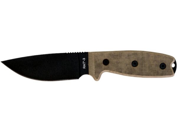 Ontario RAT 3 Fixed Blade Knife 3.9″ Drop Point 1075 Carbon Black Blade Micarta Handle Tan For Sale