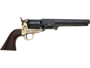 Pietta 1851 Navy Deluxe Black Powder Revolver 44 Caliber 7.5″ Barrel Brass Engraved Frame Checkered Brown Poly Grip Blue For Sale