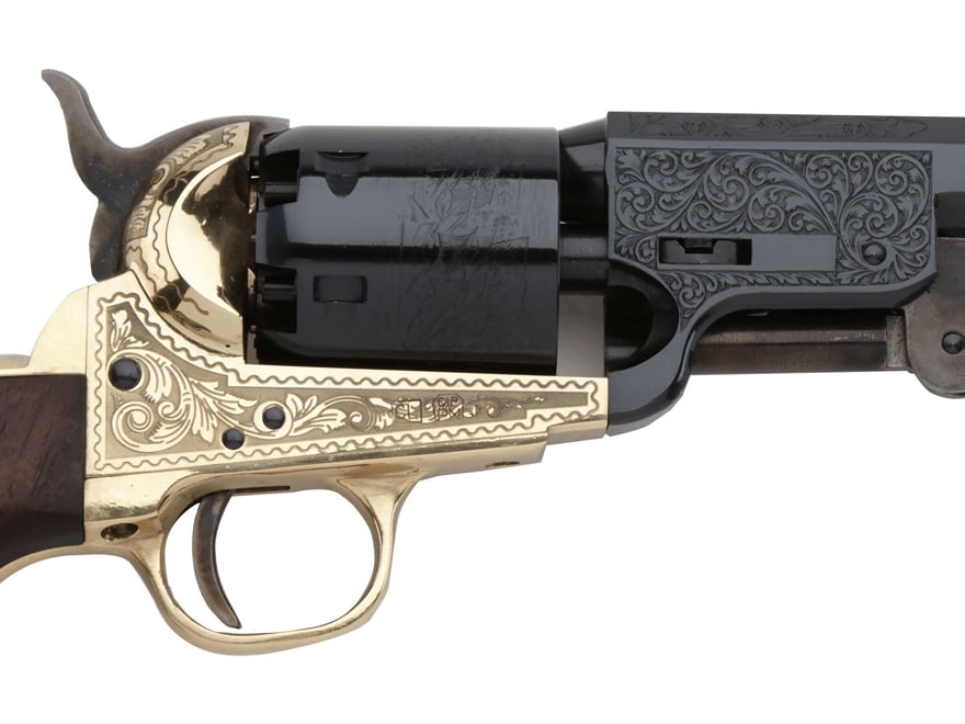 Pietta 1851 Navy Deluxe Black Powder Revolver 44 Caliber 7.5″ Barrel Brass Engraved Frame Wood Grip Blue For Sale