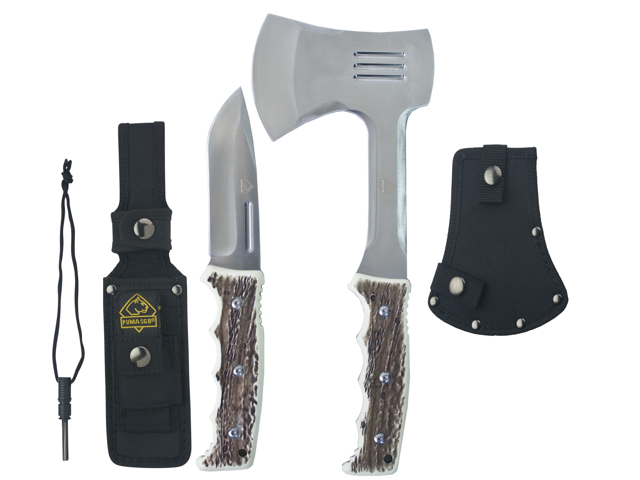 Puma XP Hatchet & Fixed Blade Knife Combo 440 Stainless Steel Blades Commando Stag Handles For Sale