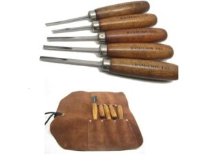 U Checkering 5-Piece Wood Carving Tool Set with Straight-Style Handles in 5-Pocket Tool Roll For Sale