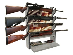 Rush Creek Creations Americana 4 Gun Rack with Storage Natural Barnwood For Sale