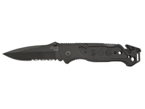 SOG Escape Folding Pocket Knife 3.4″ Partially Serrated Spear Point 9Cr18MoV Stainless Steel Blade Black Anodized Aluminum Handle For Sale