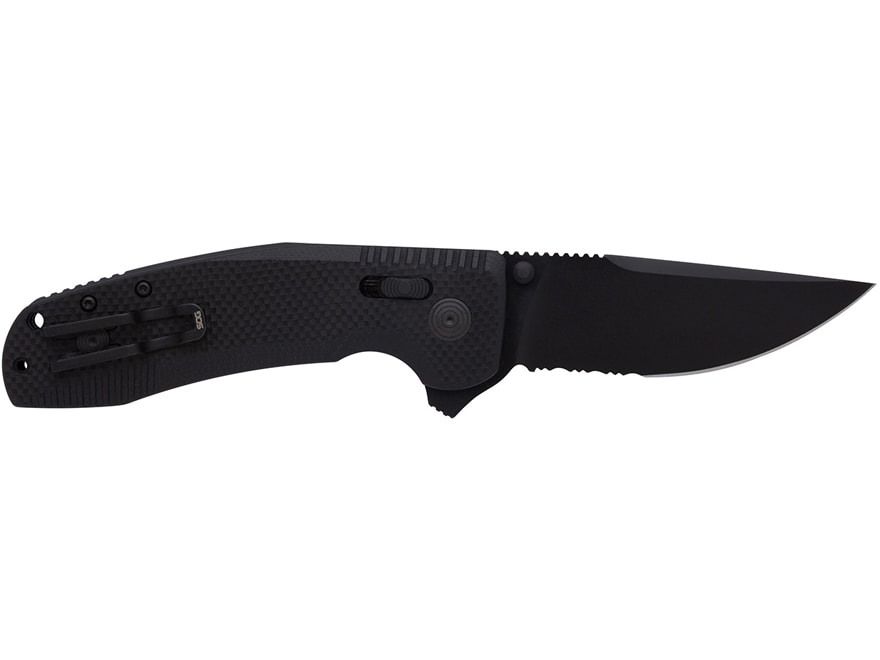 SOG SOG-TAC XR Folding Knife 3.39″ Partially Serrated Clip Point Cryo D2 TiNi Blade G-10 Handle Black For Sale