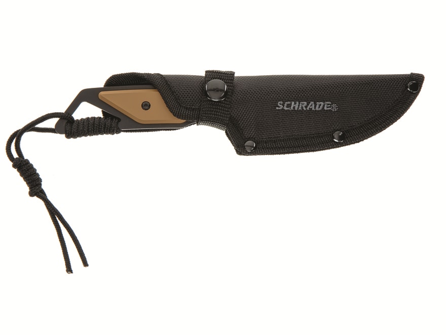 Schrade 4″ Fixed Blade Knife Drop Point 3Cr13 Black Oxide Blade Glass Filled Nylon Handle Tan For Sale