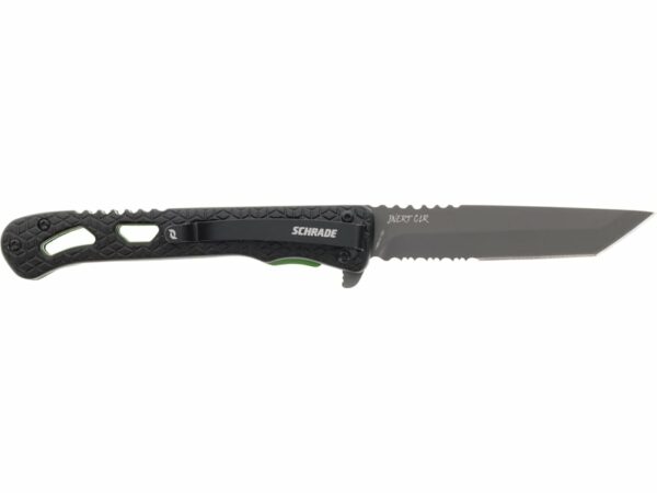 Schrade INERT Clr Tanto Folding Knife 3.5″ Partially Serrated Tanto Point AUS-10 Titanium Nitride Blade Aluminum Handle Black For Sale