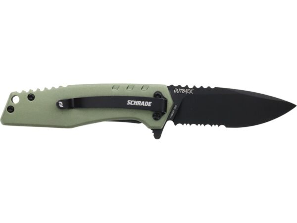 Schrade Outback Folding Knife 2.75″ Partially Serrated Drop Point AUS-10 Black Oxide Blade Aluminum Handle OD Green For Sale